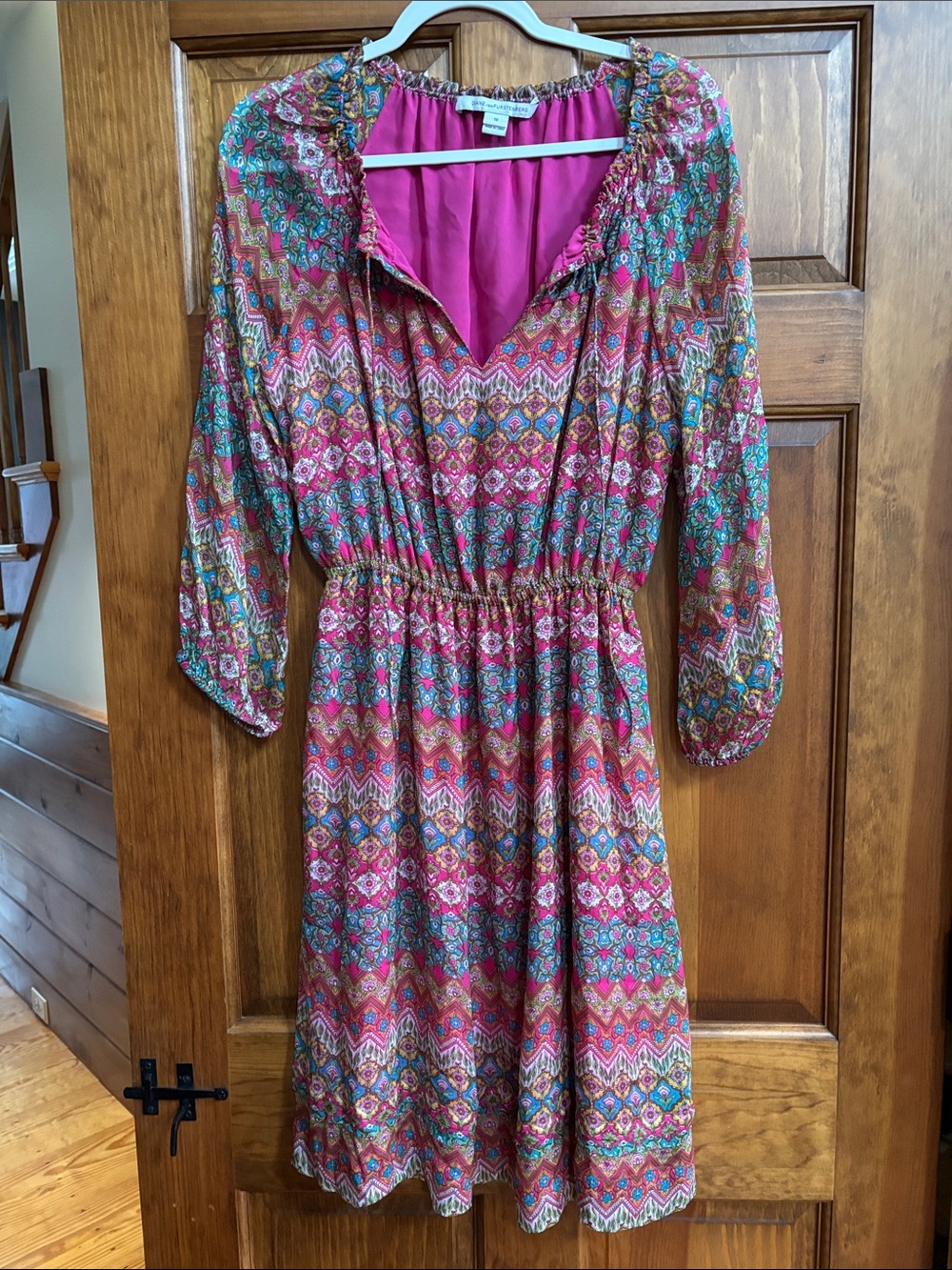 Diane Von Furstenberg Pink Multicolor Patterned Long-Sleeve Dress
